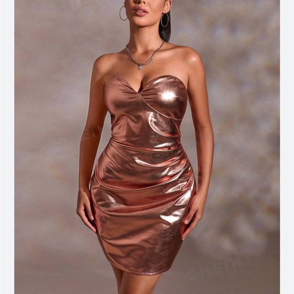 Zara NWT rose gold metallic sweetheart ruched faux leather patent mini dress - Picture 12 of 12
